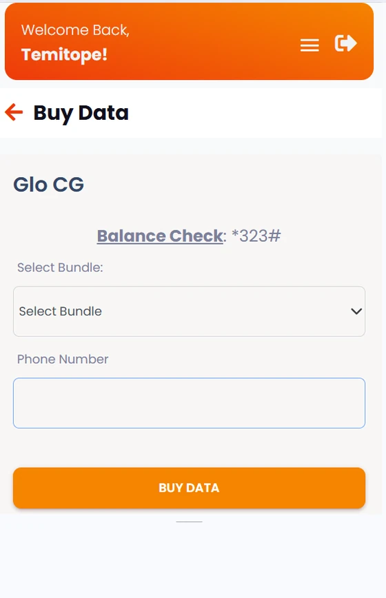 Buy Data screen with bundle selection and phone number field