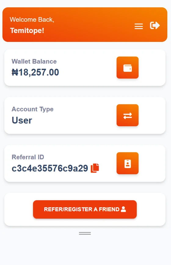 Dashboard showing wallet balance, account type and referral ID