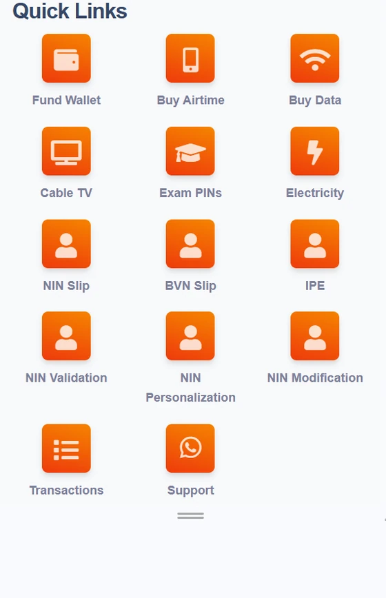 Quick links screen showing Fund Wallet, Buy Airtime, Buy Data, Cable TV, Exam PINs, Electricity and NIN services